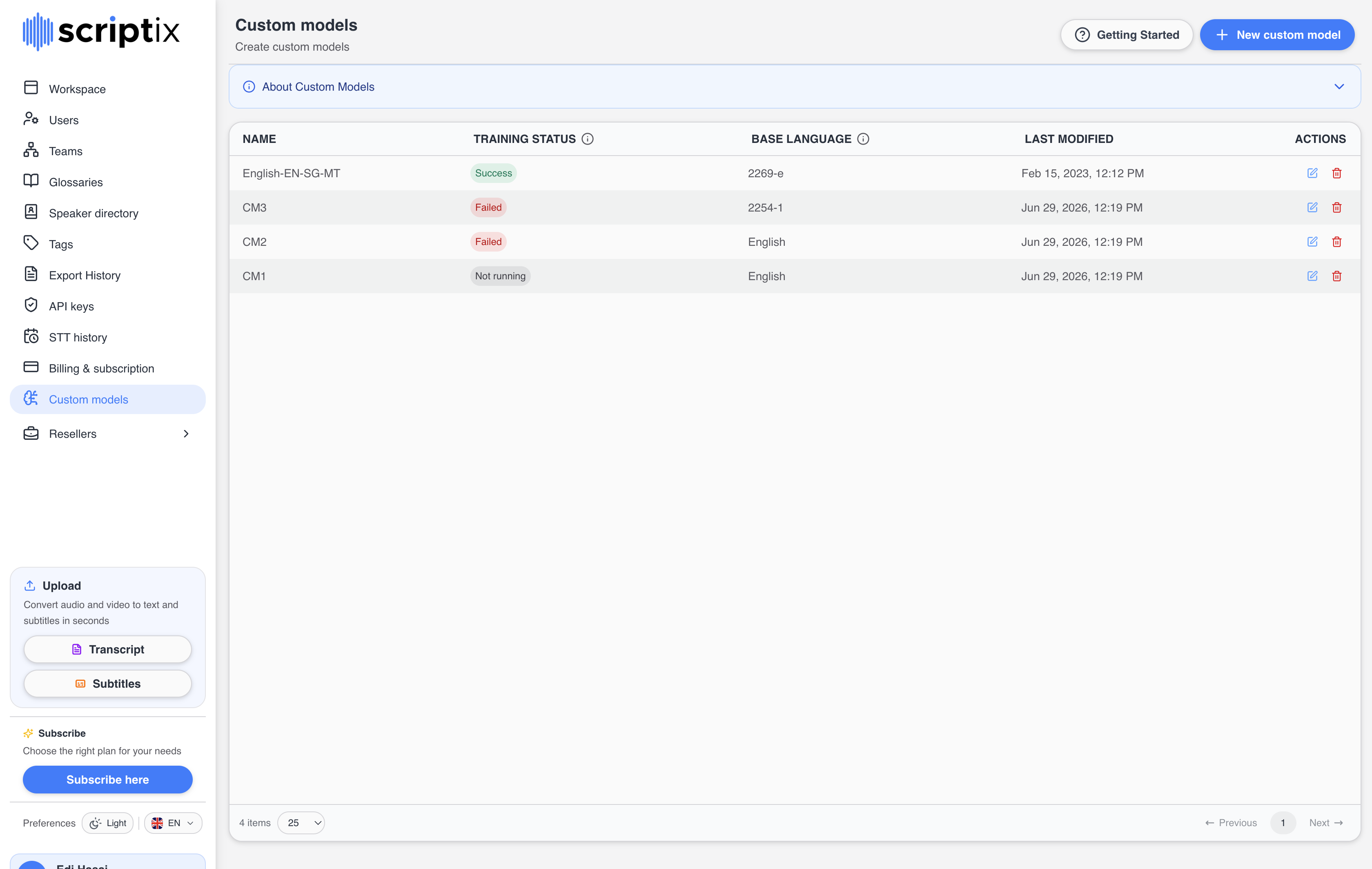 Custom Models entry in the left sidebar