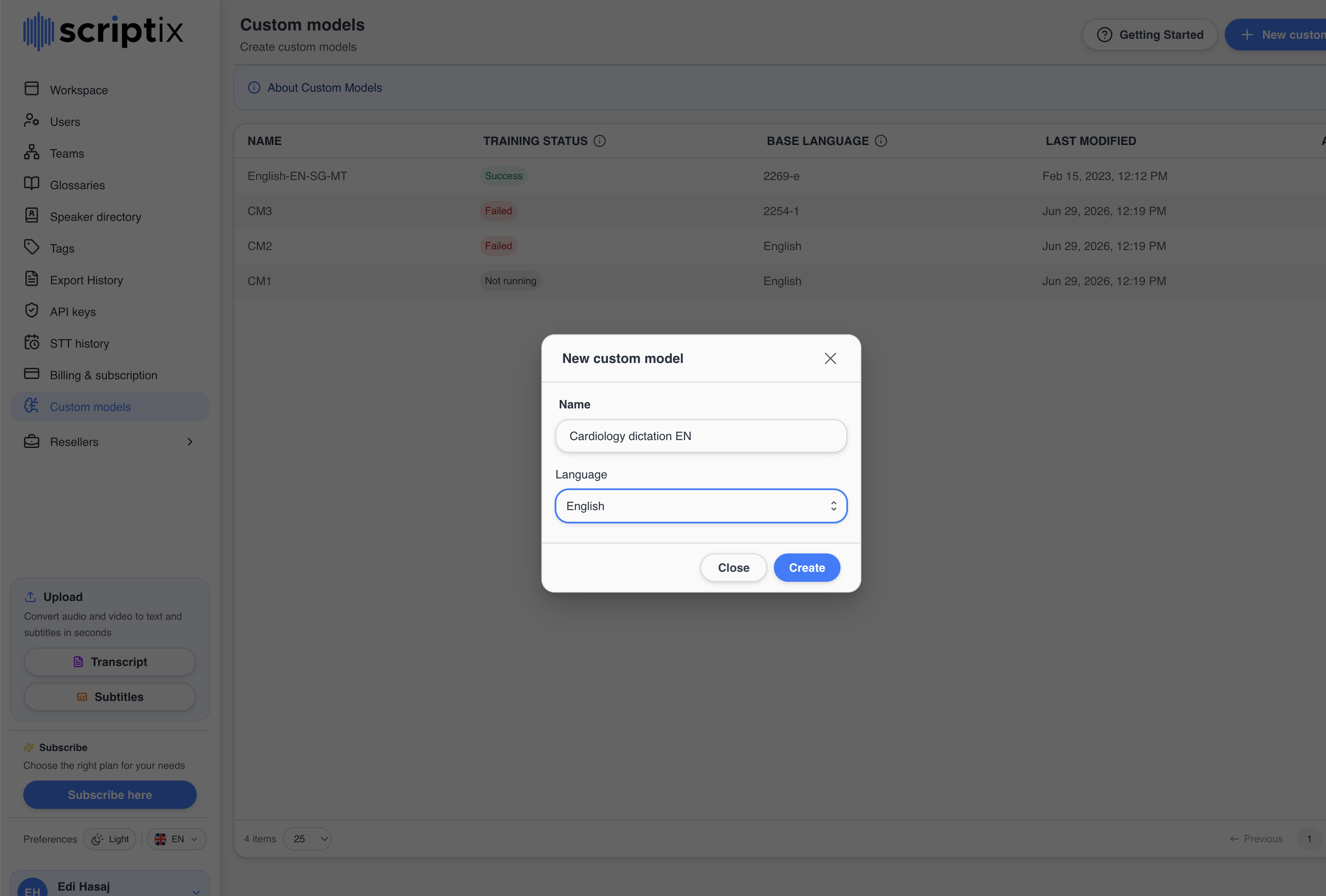 New custom model dialog