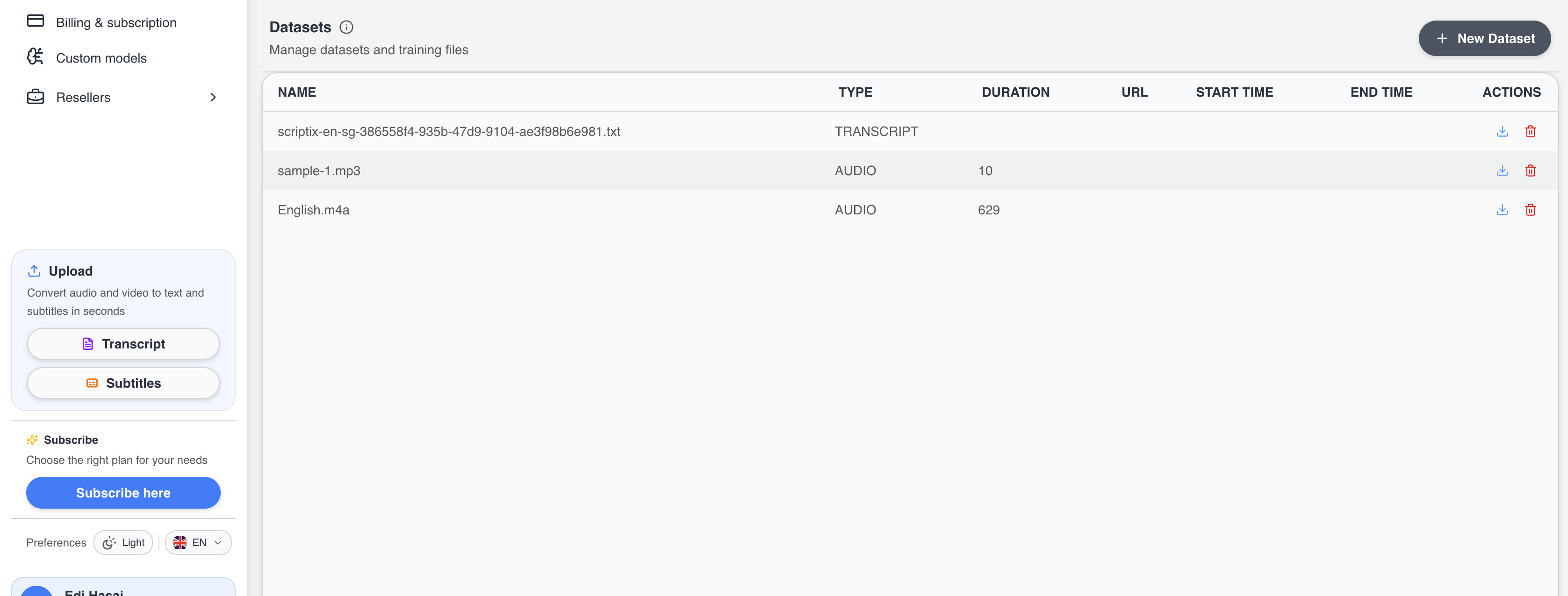 Datasets section header