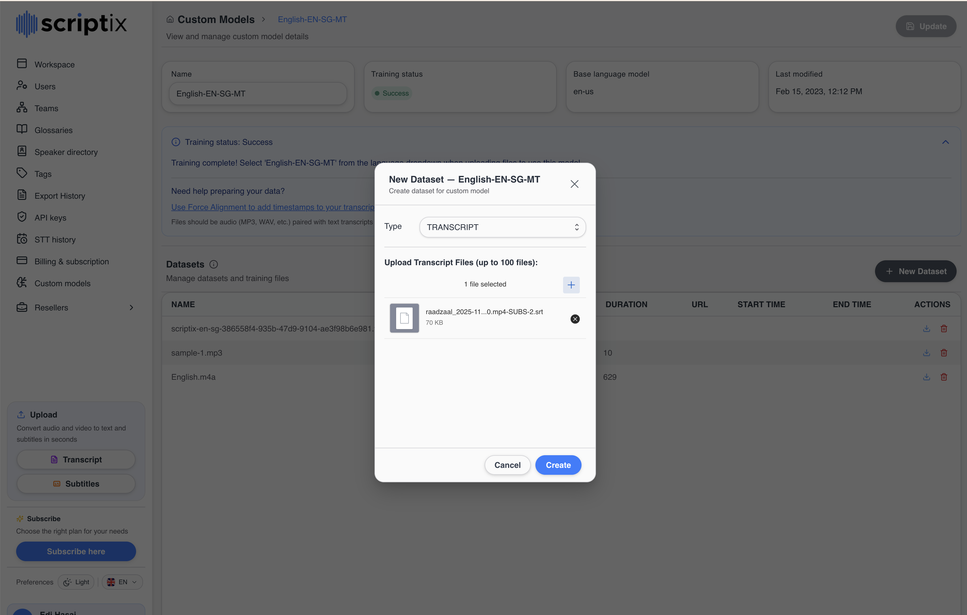 New dataset dialog with files selected