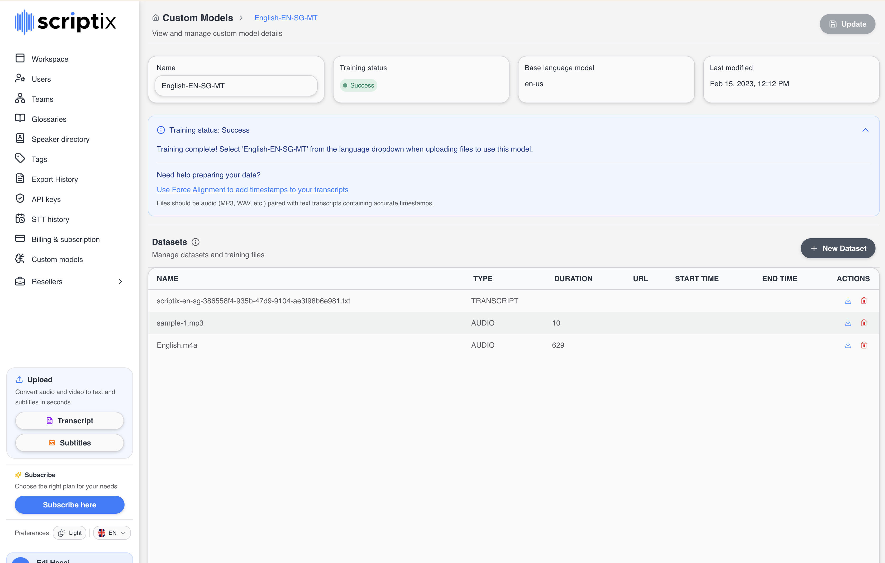Datasets table with uploaded rows