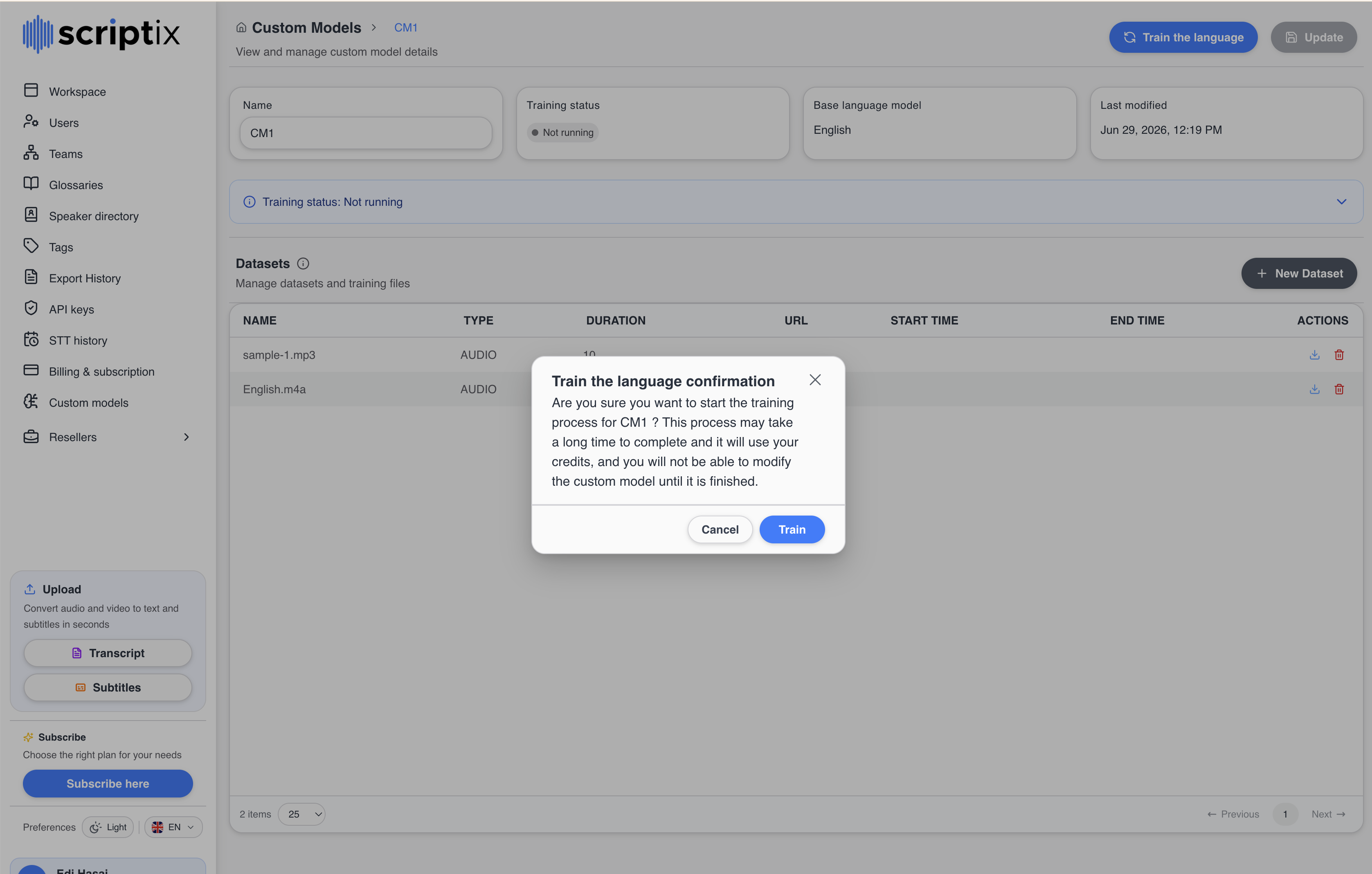 Train confirmation dialog