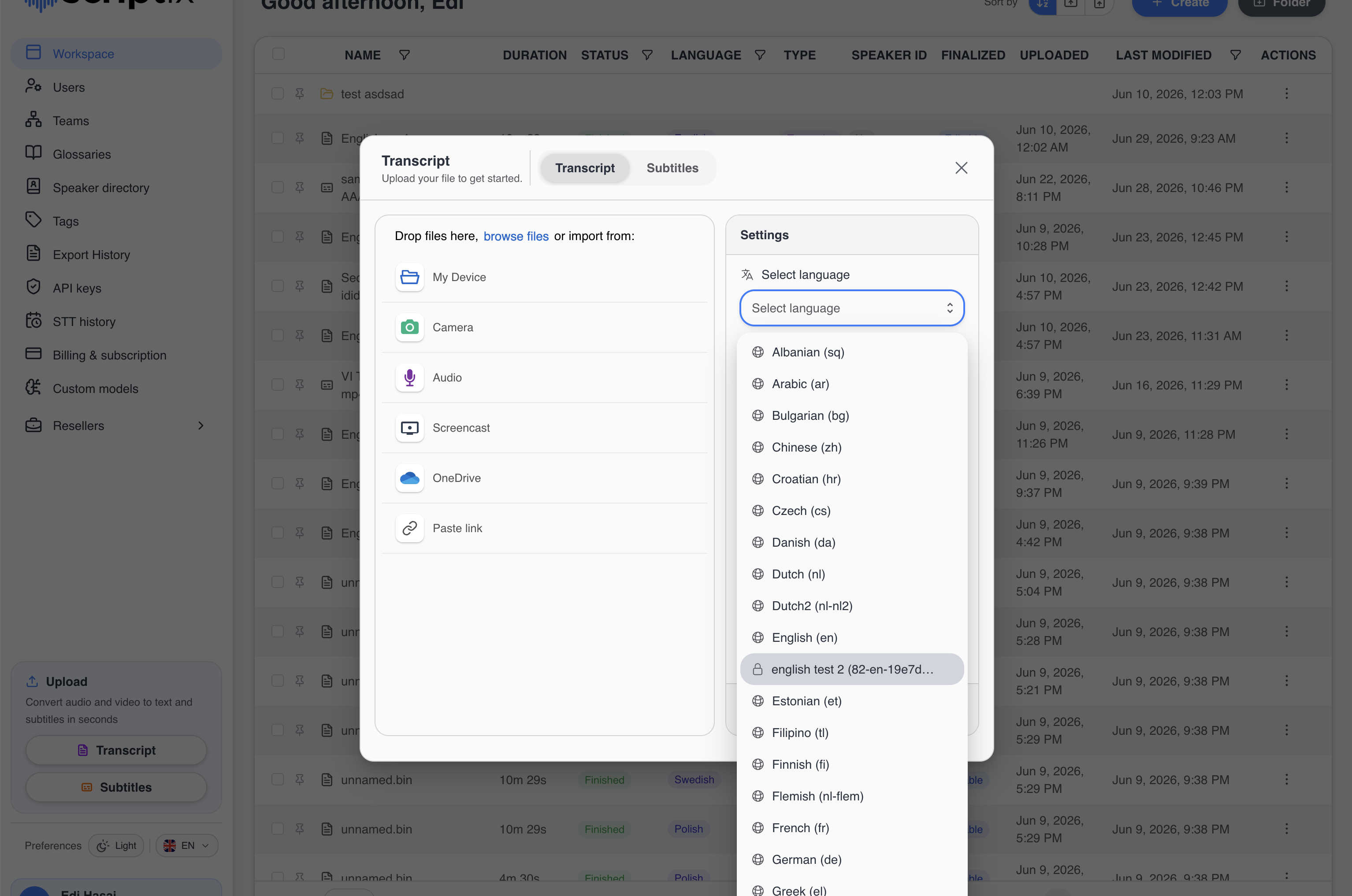 Custom model in the upload language dropdown