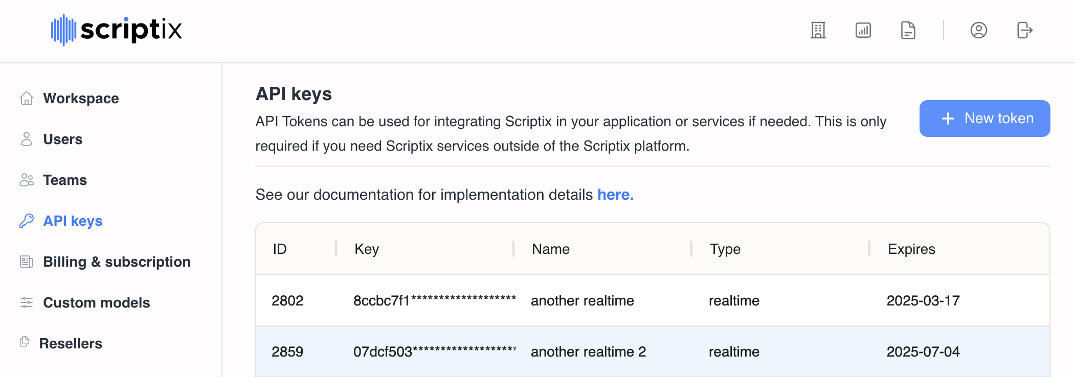 API Keys Page Screenshot